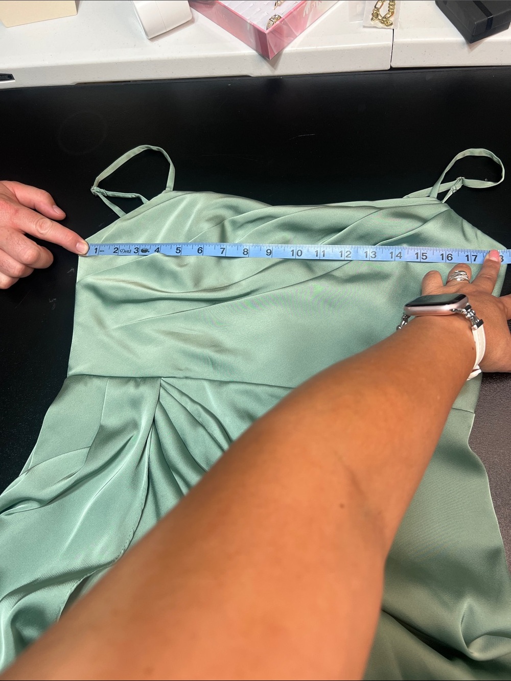 Azazie Sage Green Satin Draped Spaghetti Strap Gown - Picture 12 of 16